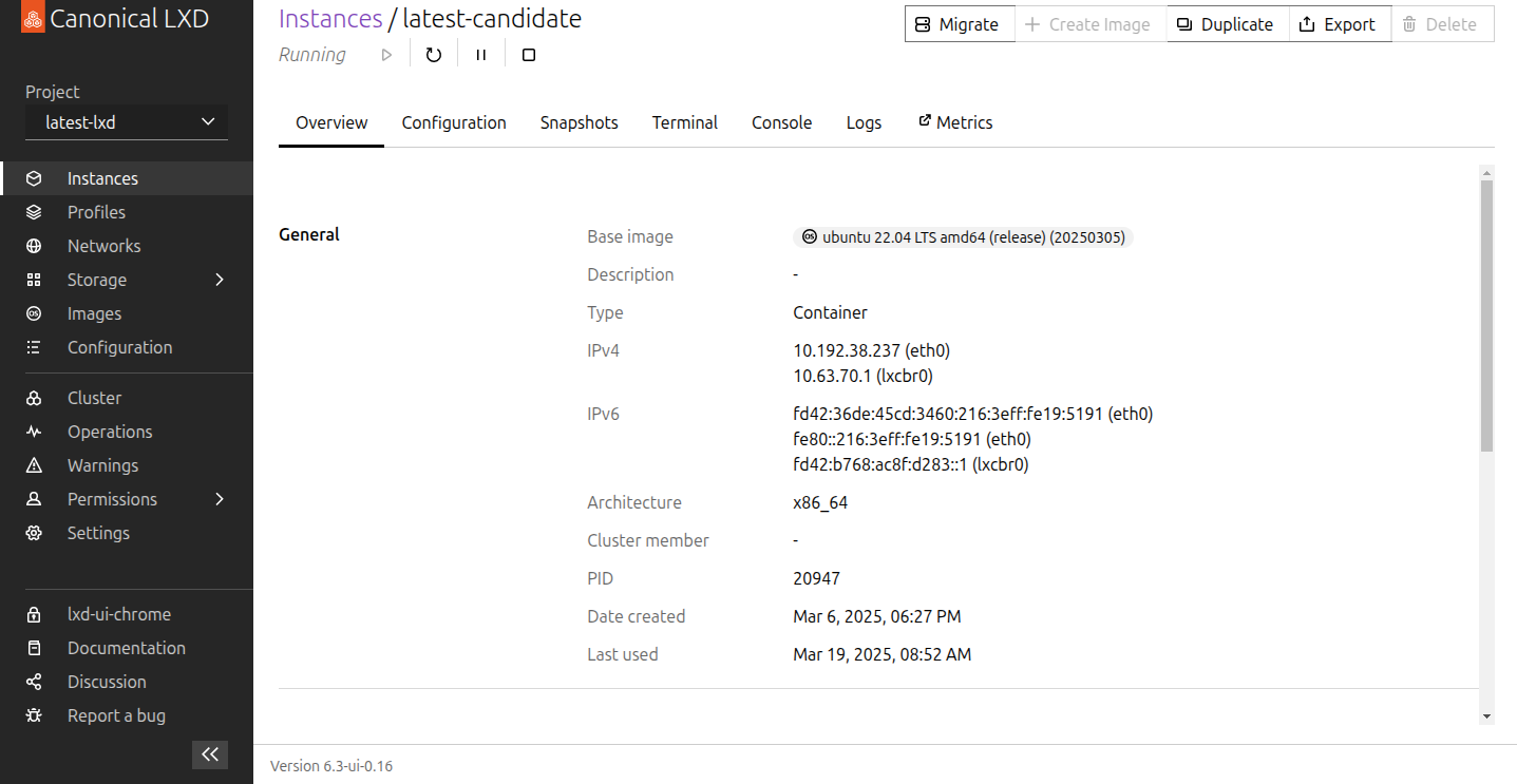 Metrics link in the LXD UI instance detail page
